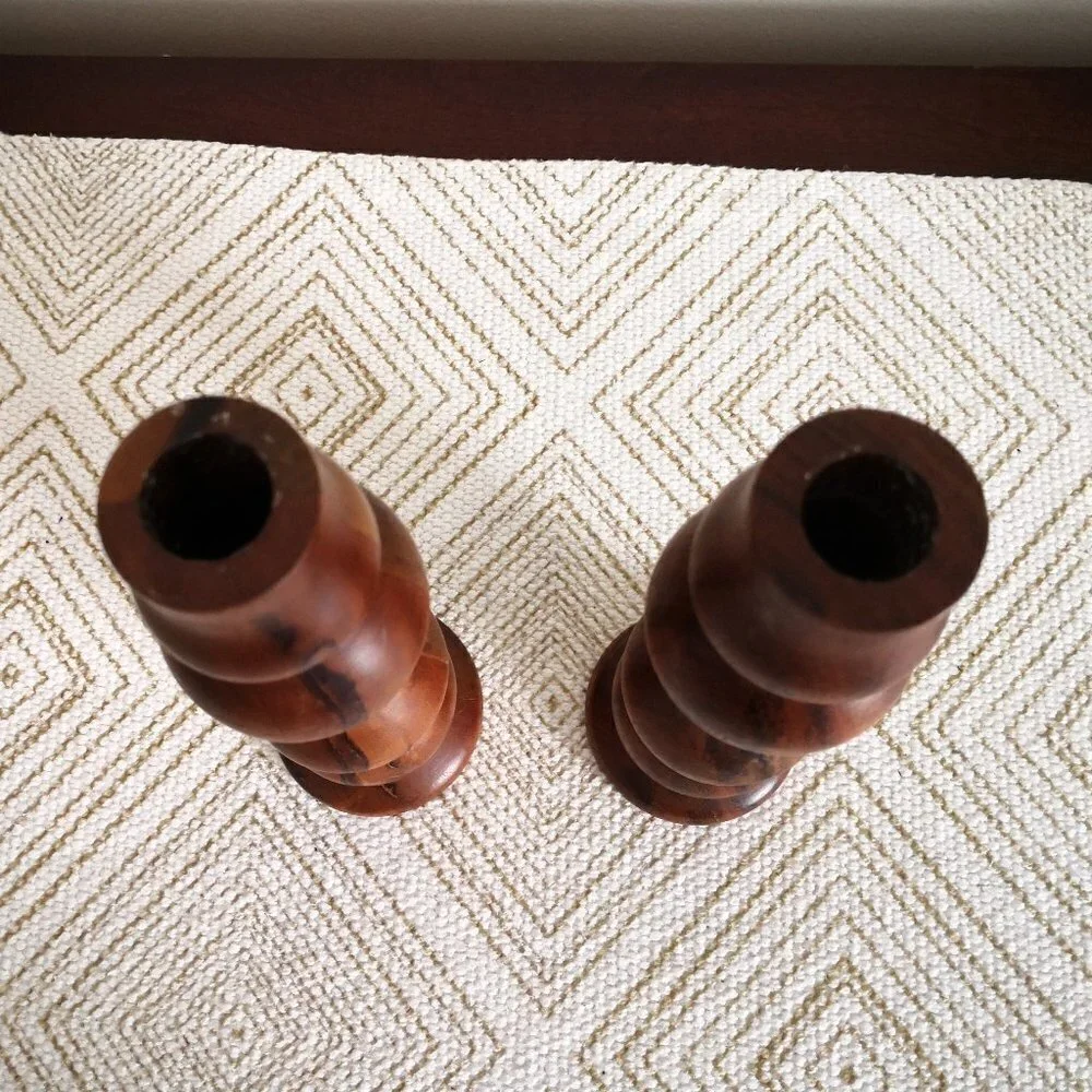 Pair‎ of Hearth & Hand Magnolia Joanna Gaines Wood Hand Turned Candleholders 9